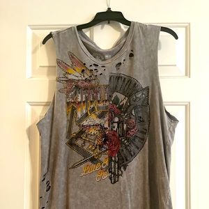 Affliction rhinestone distressed tank sz L
